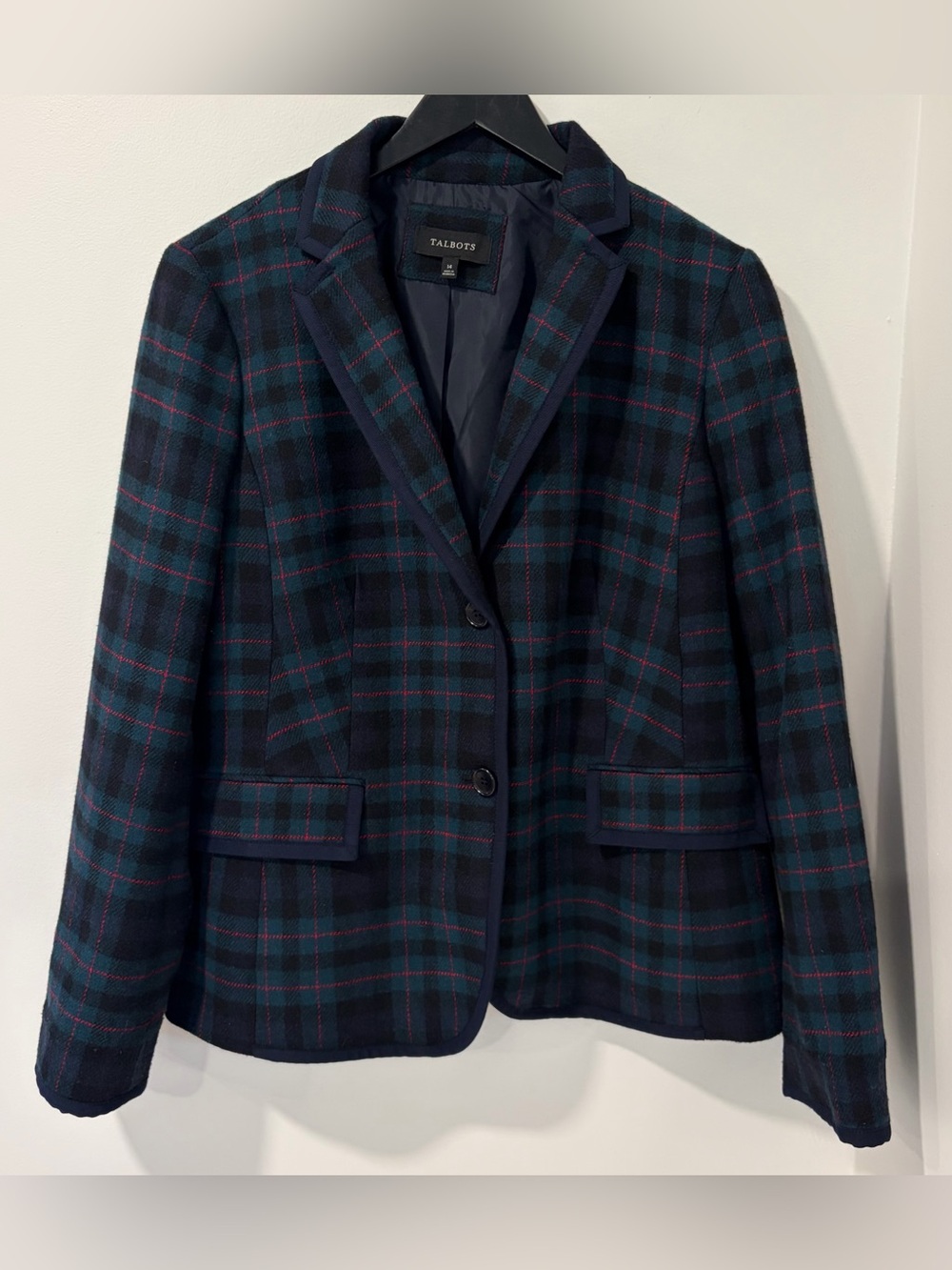 Talbots Blazer Womens 14 Green Black Plaid Wool Blend Preppy